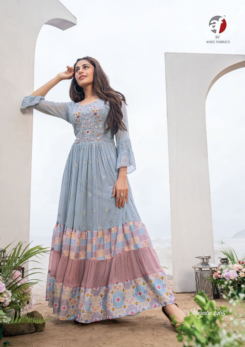 Anju Fabrics Majestic Georgette With Heavy Embroidery Stylish Designer Party wear Long Kurti