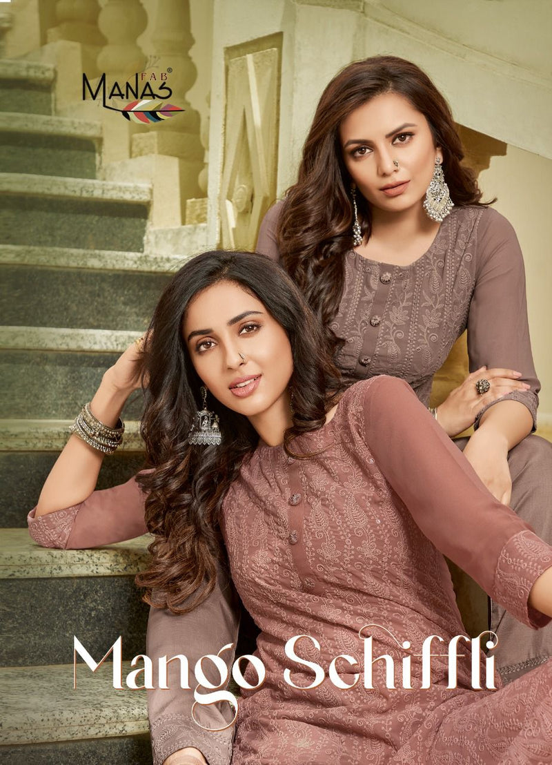 Manas Fab Mango Schiffli Georgette Fancy Designer Party Wear Kurtis With Bottom & Dupatta