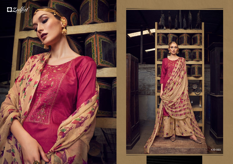 Zulfat Designer Suits Manohari Jam Cotton Embroidered Party Wear Salwar Suits