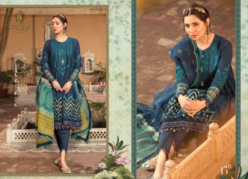 Shai Libaas Maria B Luxury Lawn Collection Cambric Cotton Pakistani Style Embroidered Party Wear Salwar Suits