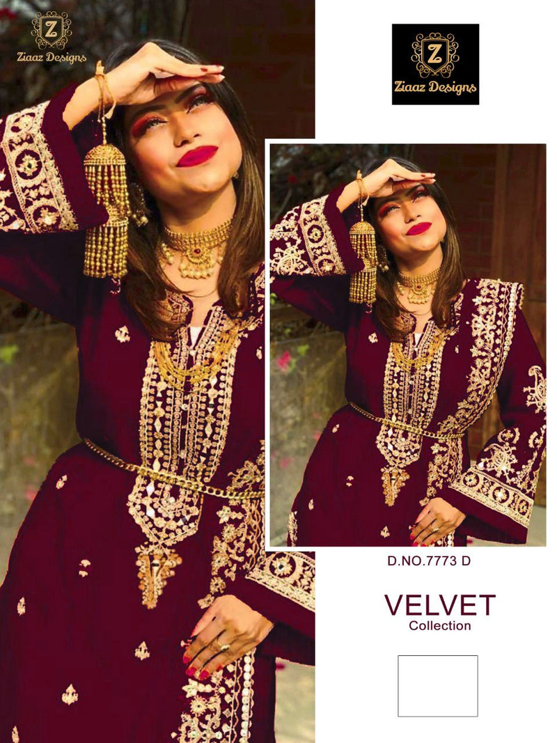 Ziaaz Maroon Mirror Velvet With Beautiful Embroidery Work Stylish Designer Wedding Wear Salwar Kameez