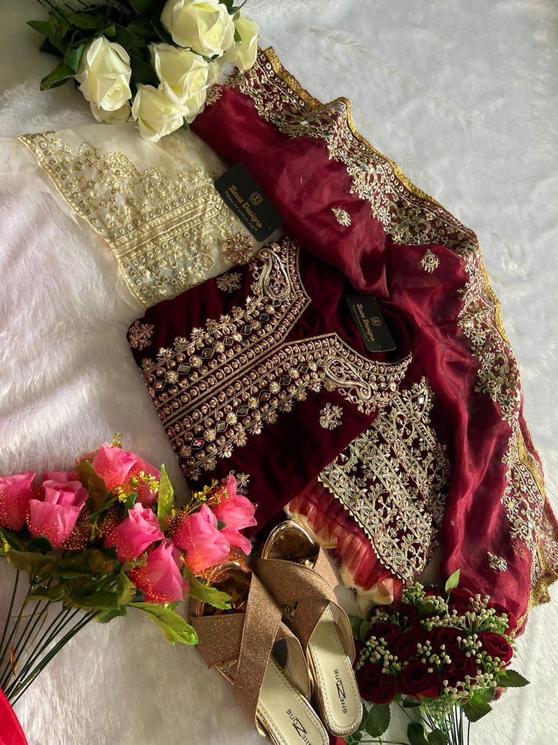 Ziaaz Maroon Mirror Velvet With Beautiful Embroidery Work Stylish Designer Wedding Wear Salwar Kameez