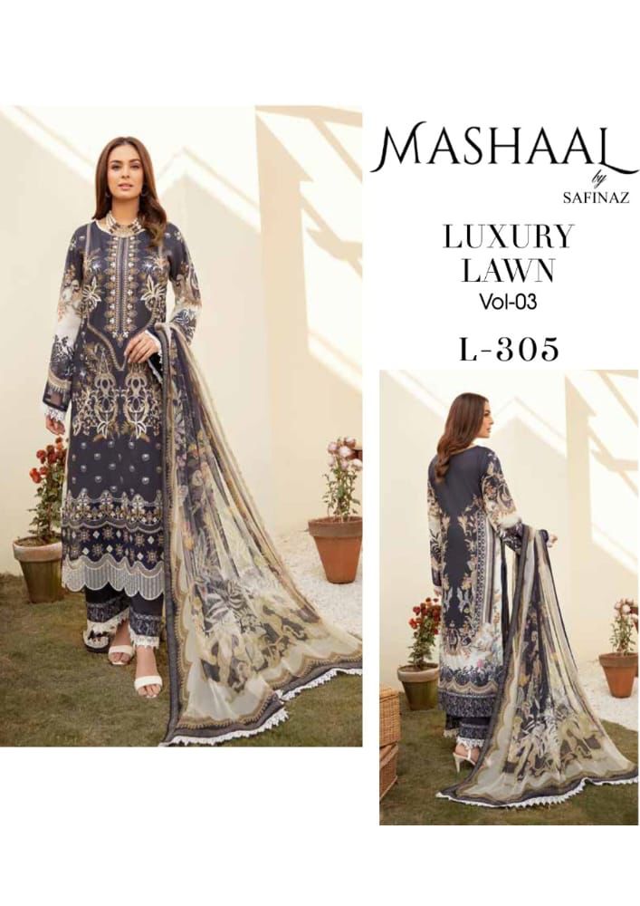Safeenaz Mashaal Lawn Cotton Embroidered Pakistani Style Party Wear Salwar Suits