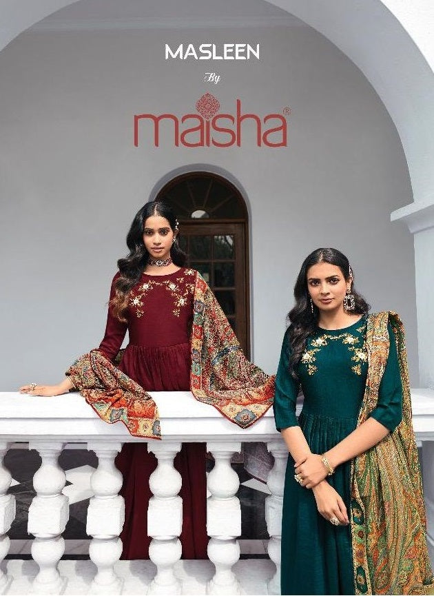 Maisha Masleen Viscose Muslin Embroidered Designer Party Wear Kurtis With Bottom & Dupatta