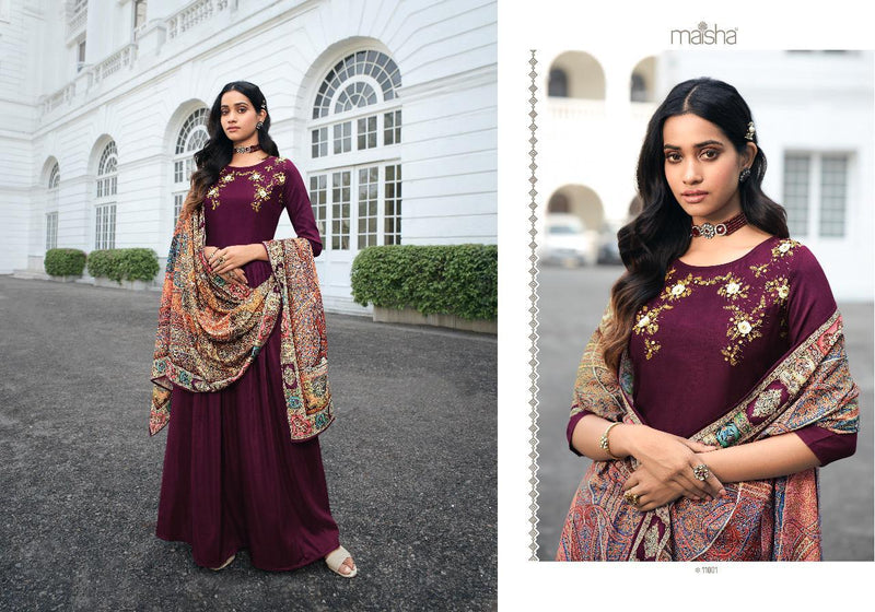 Maisha Masleen Viscose Muslin Embroidered Designer Party Wear Kurtis With Bottom & Dupatta