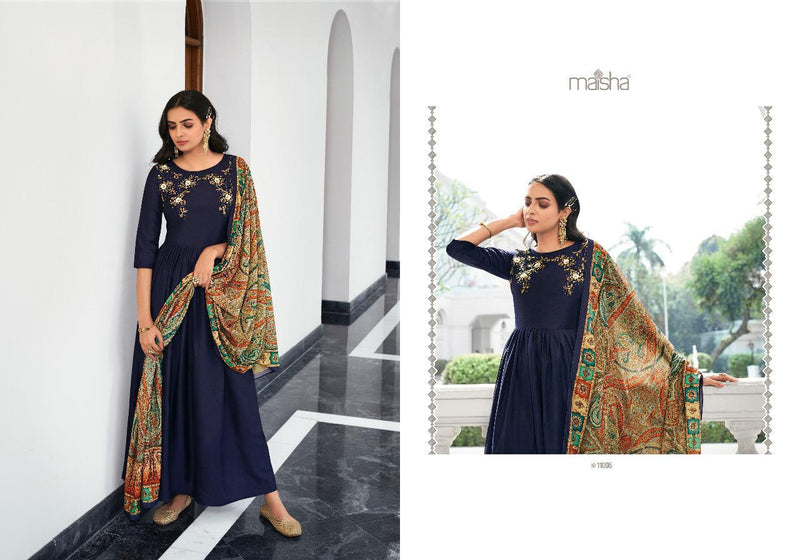 Maisha Masleen Viscose Muslin Embroidered Designer Party Wear Kurtis With Bottom & Dupatta