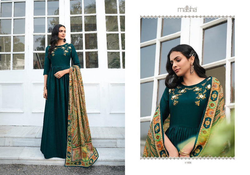 Maisha Masleen Viscose Muslin Embroidered Designer Party Wear Kurtis With Bottom & Dupatta