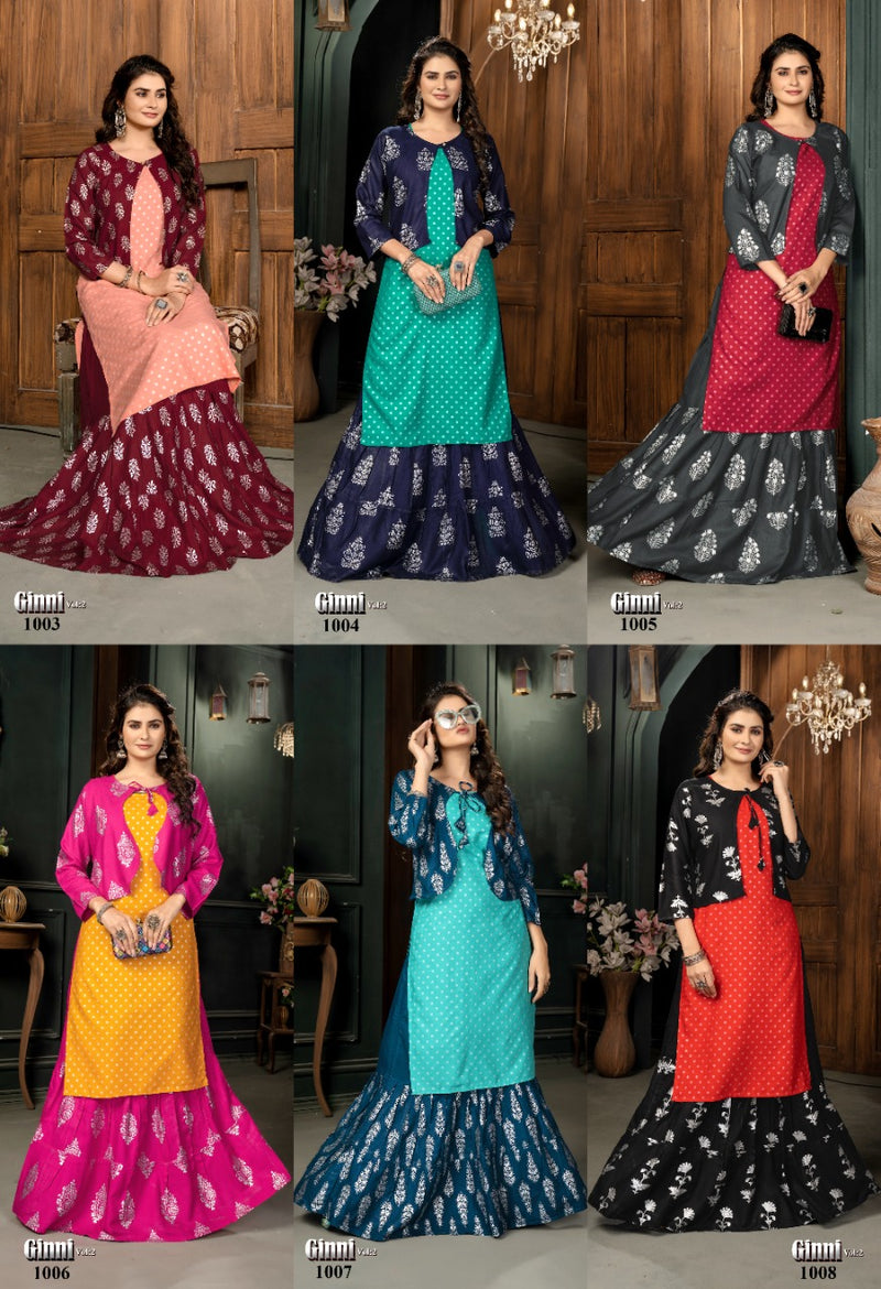 Master Ginni Vol 2 Heavy Rayon Festive Wear Kurtis With Koti & Skirt