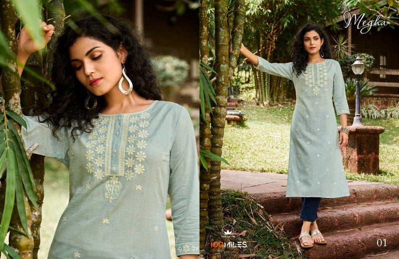 100 Miles Megha Linen Cotton Fancy Embroidered Party Wear Kurtis