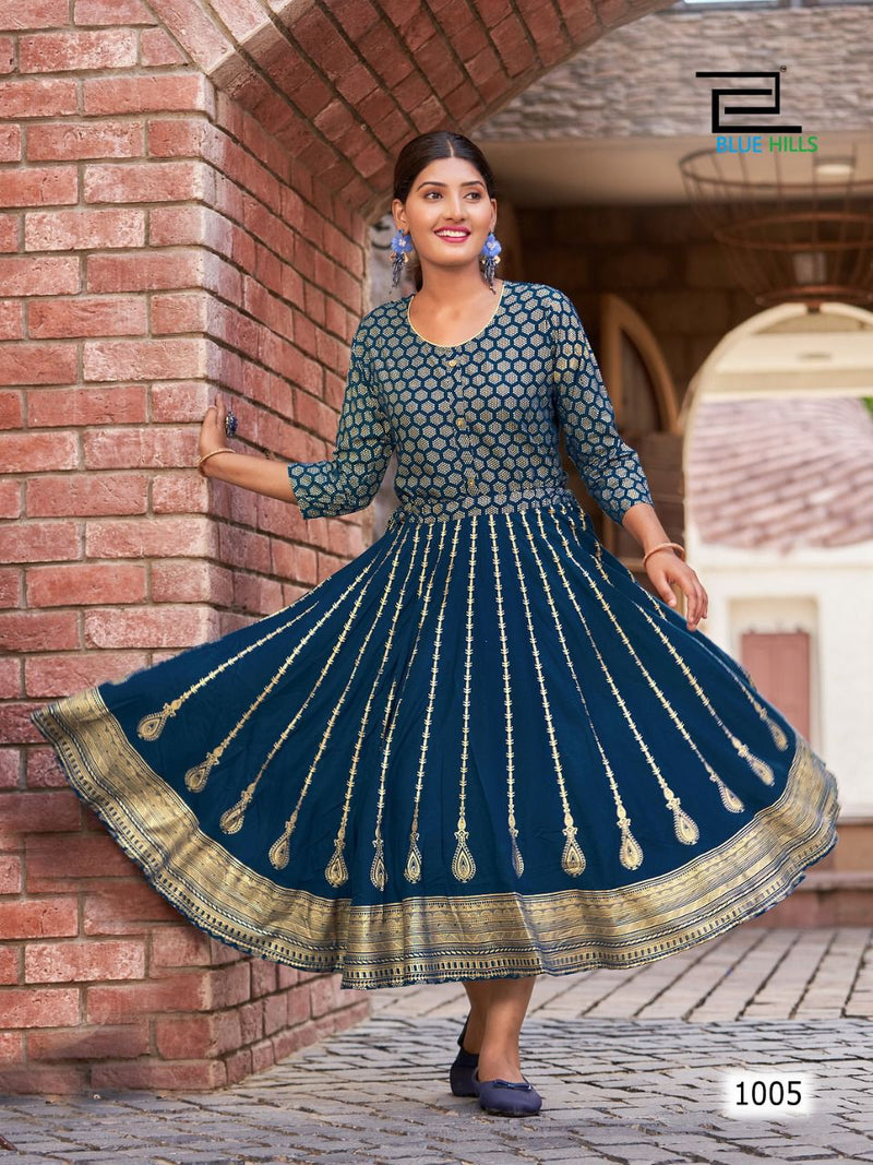 Blue Hills Melody Rayon With Fancy Printed Work Stylish Designer Attractive Look Long Gown