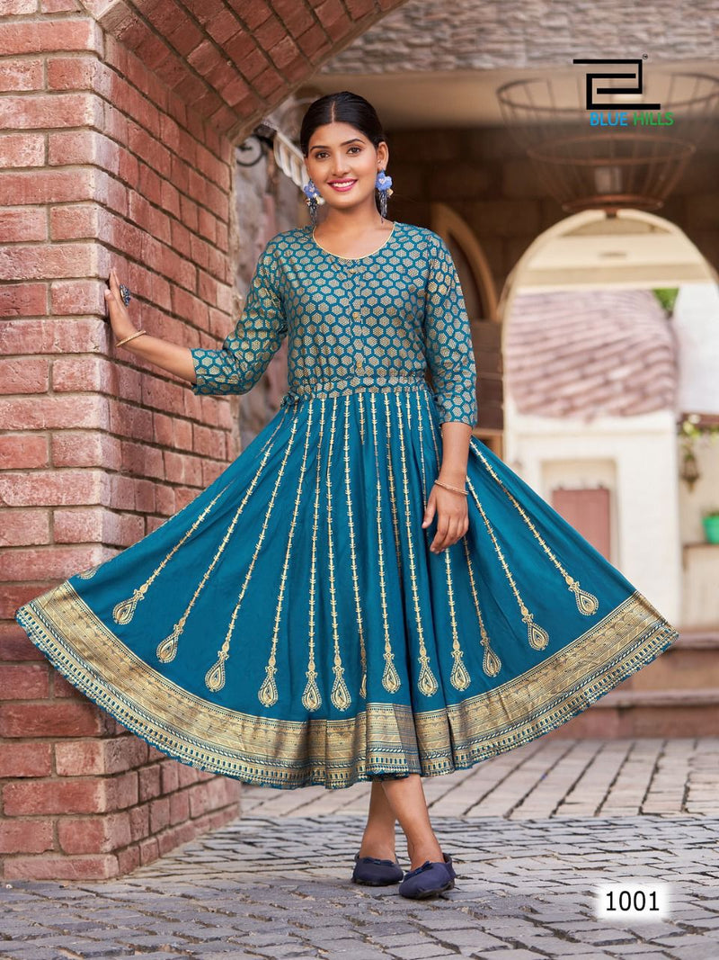 Blue Hills Melody Rayon With Fancy Printed Work Stylish Designer Attractive Look Long Gown