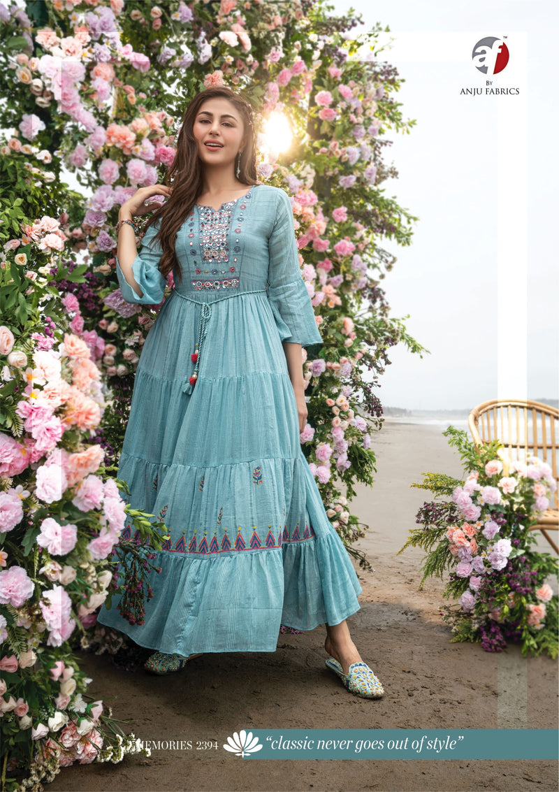 Anju Fabrics Memories Vol 2 Mul Cotton Designer Party Wear Gown Style Embroidered Kurtis