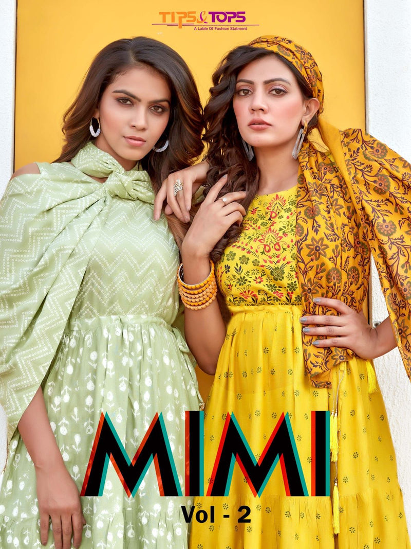 Tips & Tops Mimi Vol 2 Rayon Fancy Printed Gown Style Party Wear Kurtis With Dupatta