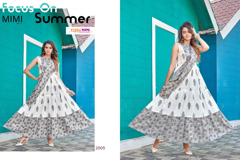 Tips & Tops Mimi Vol 2 Rayon Fancy Printed Gown Style Party Wear Kurtis With Dupatta