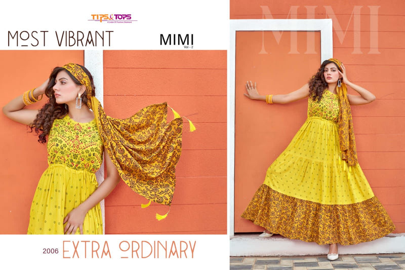 Tips & Tops Mimi Vol 2 Rayon Fancy Printed Gown Style Party Wear Kurtis With Dupatta