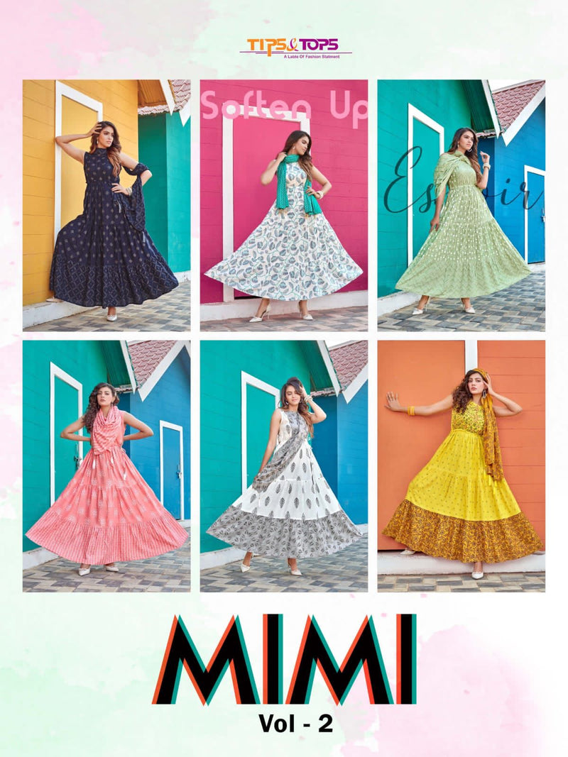 Tips & Tops Mimi Vol 2 Rayon Fancy Printed Gown Style Party Wear Kurtis With Dupatta