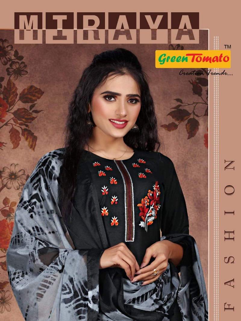 Green Tomato Miraya Rayon Designer Embroidered Festive Wear Kurtis With Bottom & Dupatta