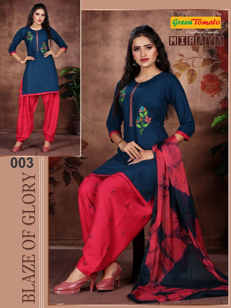 Green Tomato Miraya Rayon Designer Embroidered Festive Wear Kurtis With Bottom & Dupatta