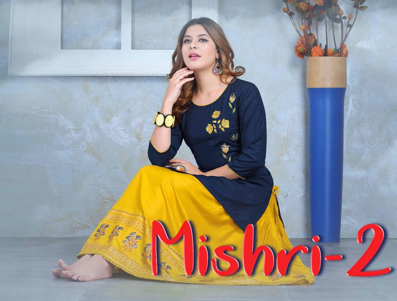 Beauty Queen Mishri Vol 2 Rayon Fancy Embroidered Party Wear Kurtis With Skirt