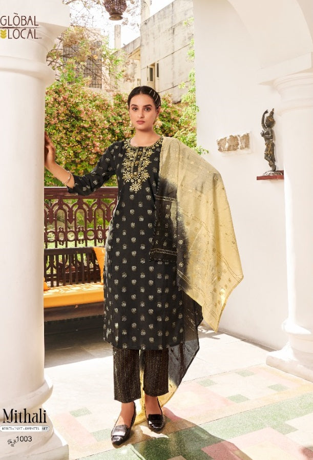 Global Local Mithali Chanderi Silk Foil Printed Party Wear Embroidered Kurtis With Bottom & Dupatta