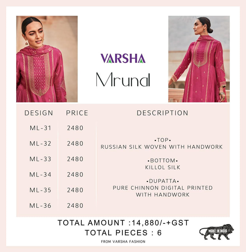 Varsha Mrunal Russian Silk With Handwork Designer Party Wear Salwar Suits