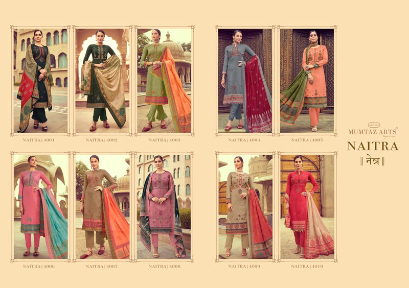 Mumtaz Arts Naitra Designer Emroidered Karachi Suits In Jam Satin
