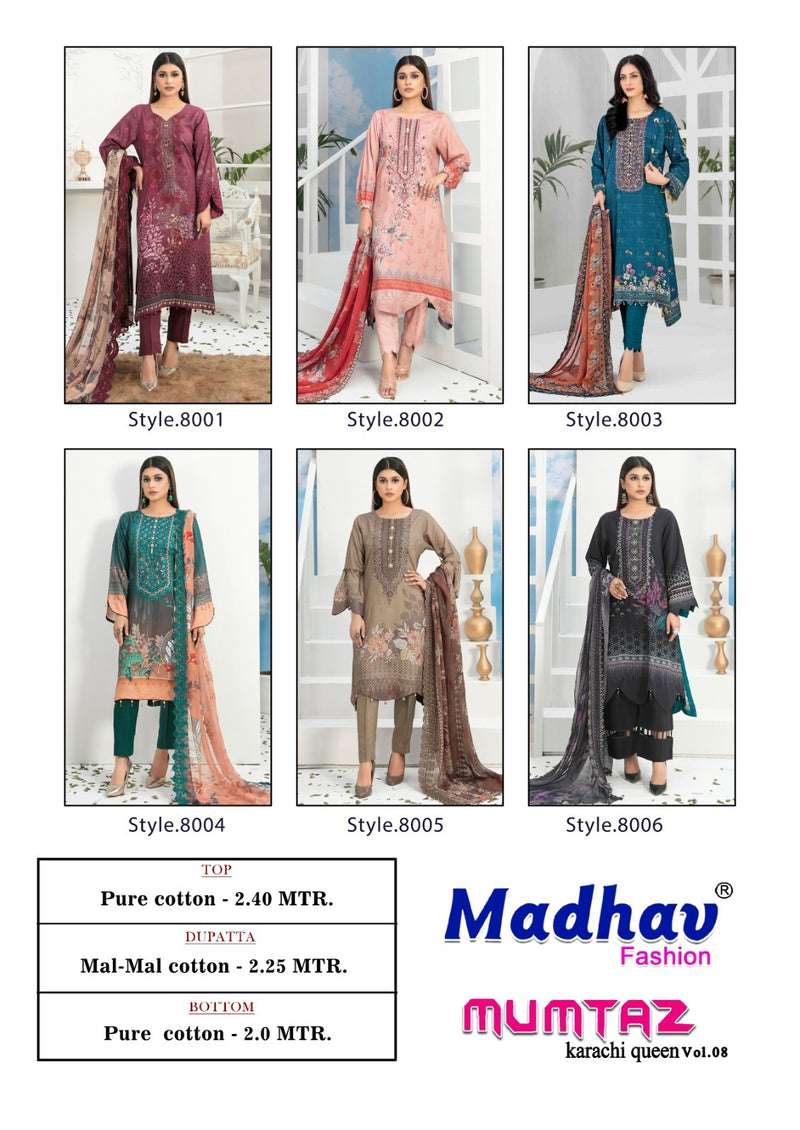 Madhav Fashion Mumtaz Karachi Queen Vol 8 Pure Cotton Printed karachi  Salwar Suit