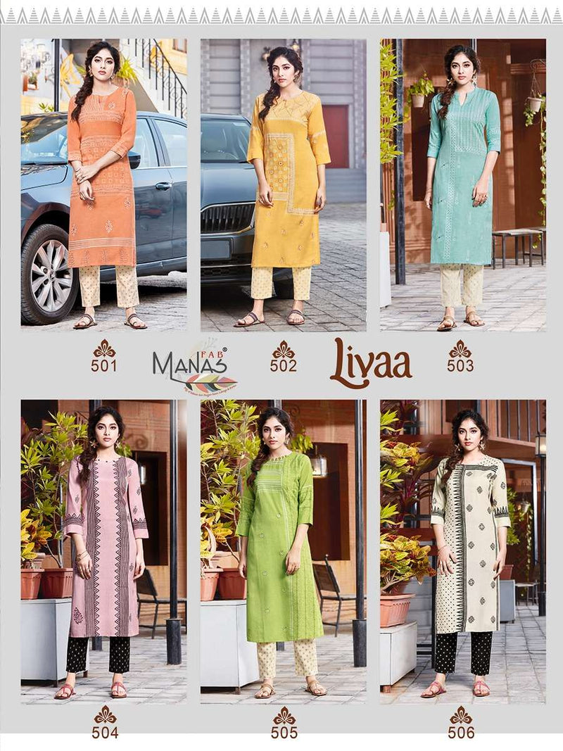 Manas Livaa Viscose Linen Aari Work Printed Fancy Look Regular Wear Kurtis