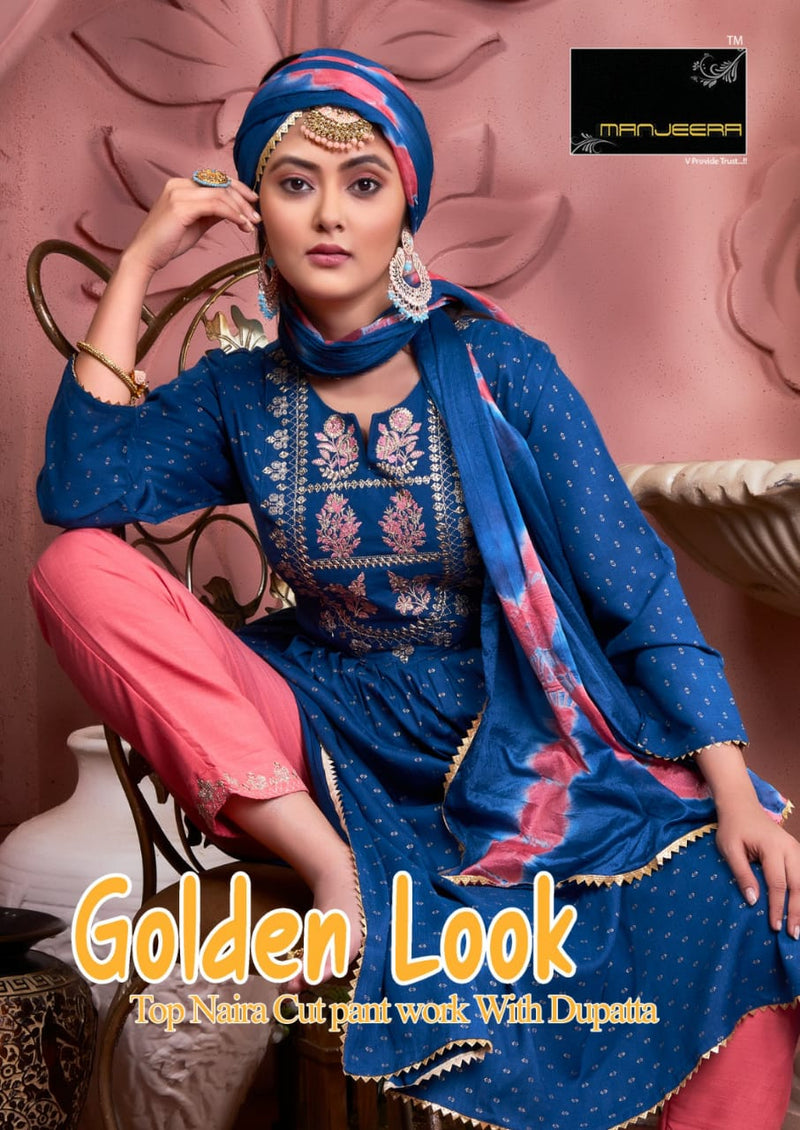 Manjeera Fashion Golden Look Naira Cut With Moti Work Fancy Kurti