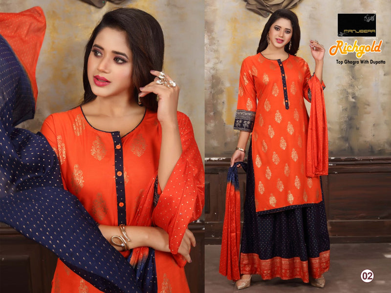 Manjeera Fashion Launch By Rich Gold Printed Exclusive Designer Casual Wear Ghaghra With Kurtis