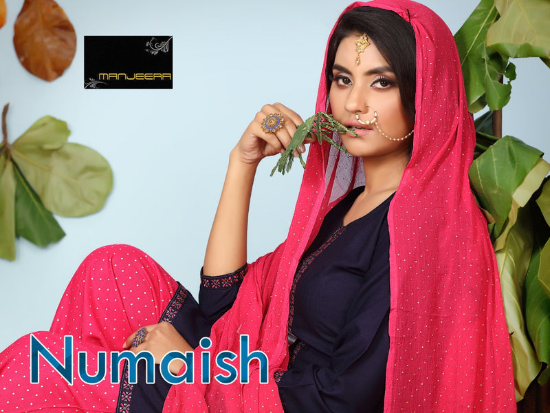 Manjeera Fashion Launch Numaish Rayon Neck Embroidery Work Fancy Readymade Salwar Suits