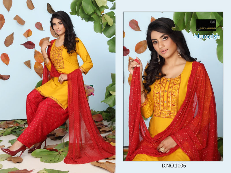 Manjeera Fashion Launch Numaish Rayon Neck Embroidery Work Fancy Readymade Salwar Suits
