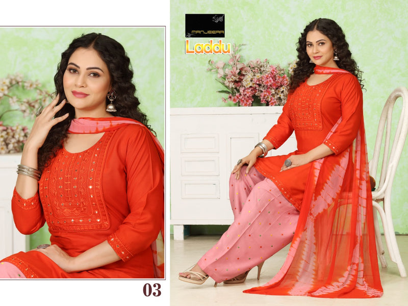 Manjeera Fashion Presents Laddu Rayon Patiyala Work Casual Wear Readymade Salwar Kameez
