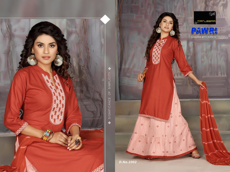 Manjeera Fashion Presents Pawri Rayon Printed Regular And Casual Wear Readymade Kurtis With Ghaghra