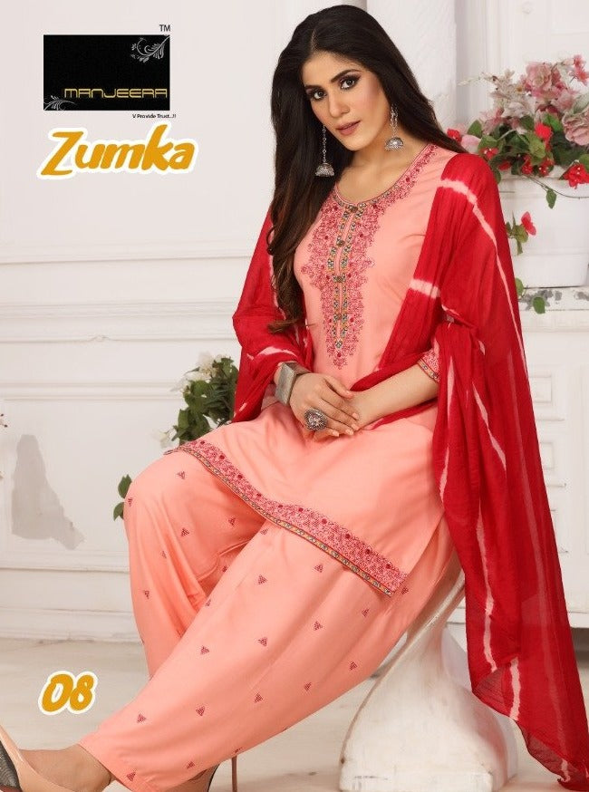 Manjeera Fashion Zumka Rayon Exclusive Neck Work Patiyala Style Casual Wear Salwar Suits With Dupatta