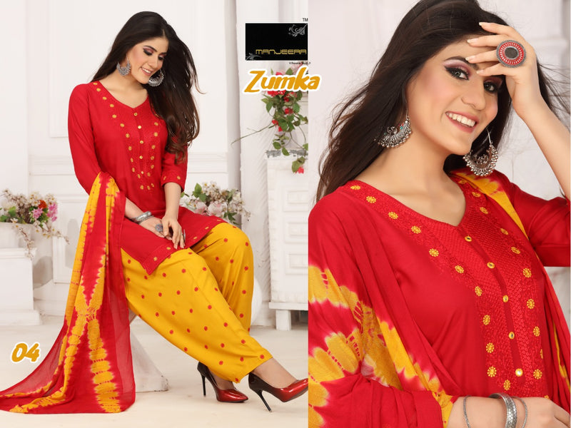 Manjeera Fashion Zumka Rayon Exclusive Neck Work Patiyala Style Casual Wear Salwar Suits With Dupatta
