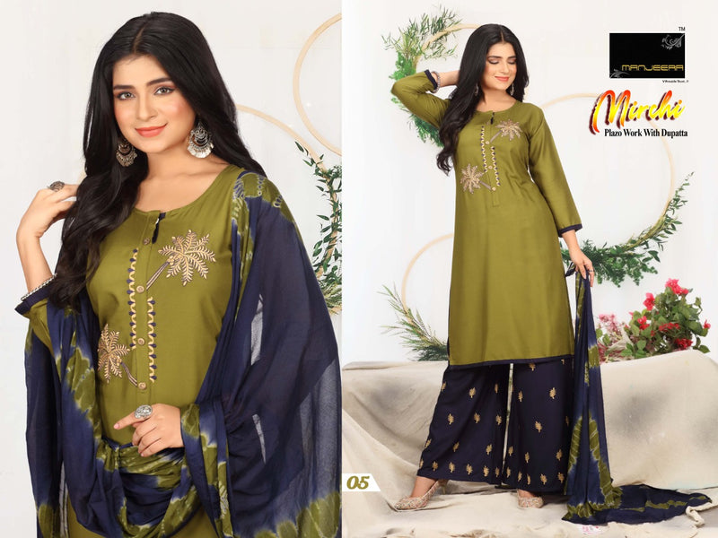 Manjreera Fashion Launch Mirchi Rayon Exclusive Patiyala Style Fancy Regular Wear Salwar Suits