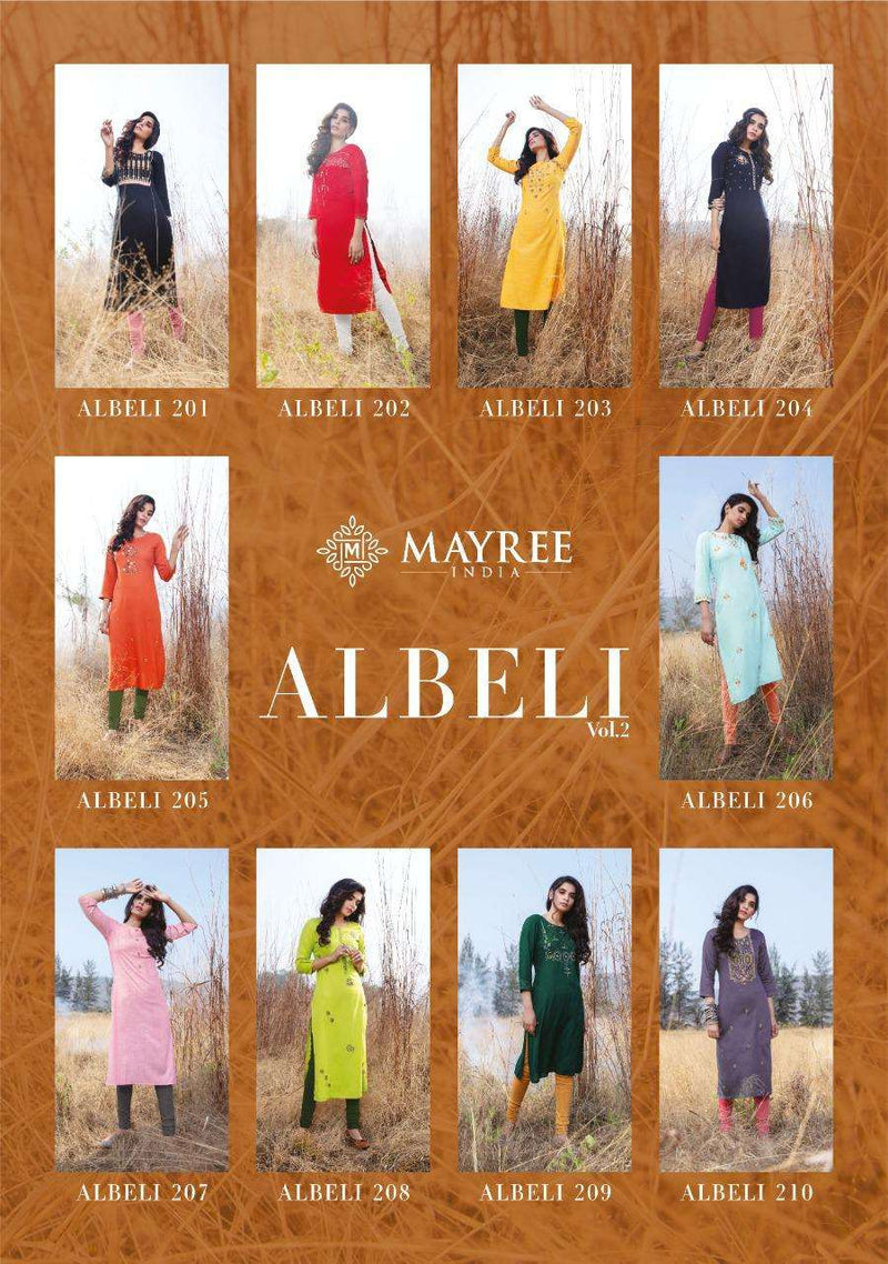Mayree India Albeli Vol 2 Rayon Slub With Thread Embroidery Work Long Straight Fancy Kurtis