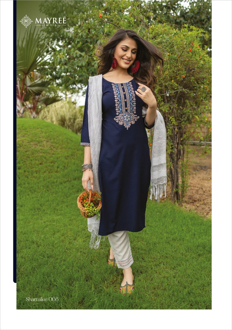 Mayree India Sharmilee Rayon Dobi With Embroidery Thread Work Exclusive Long Casual Wear Fancy Kurtis