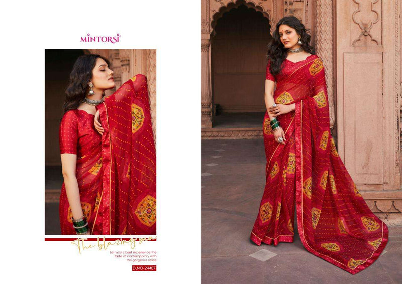 Mintorsi Bandhej Georgette With Fancy Satin Lace Exclusive Designer Daily Wear Sarees