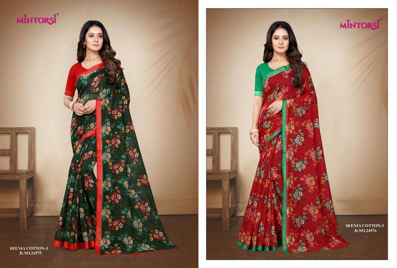 Mintorsi Seenia Cotton Vol 3 Cotton Silk With Zari Border Exclusive Designer Printed Fancy Saree