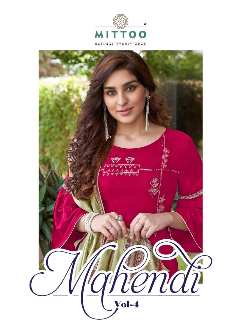 Mittoo Fashion Launch By Mahendi Vol 4 Rayon With Embroidery Work Fancy Work Readymade Kurtis