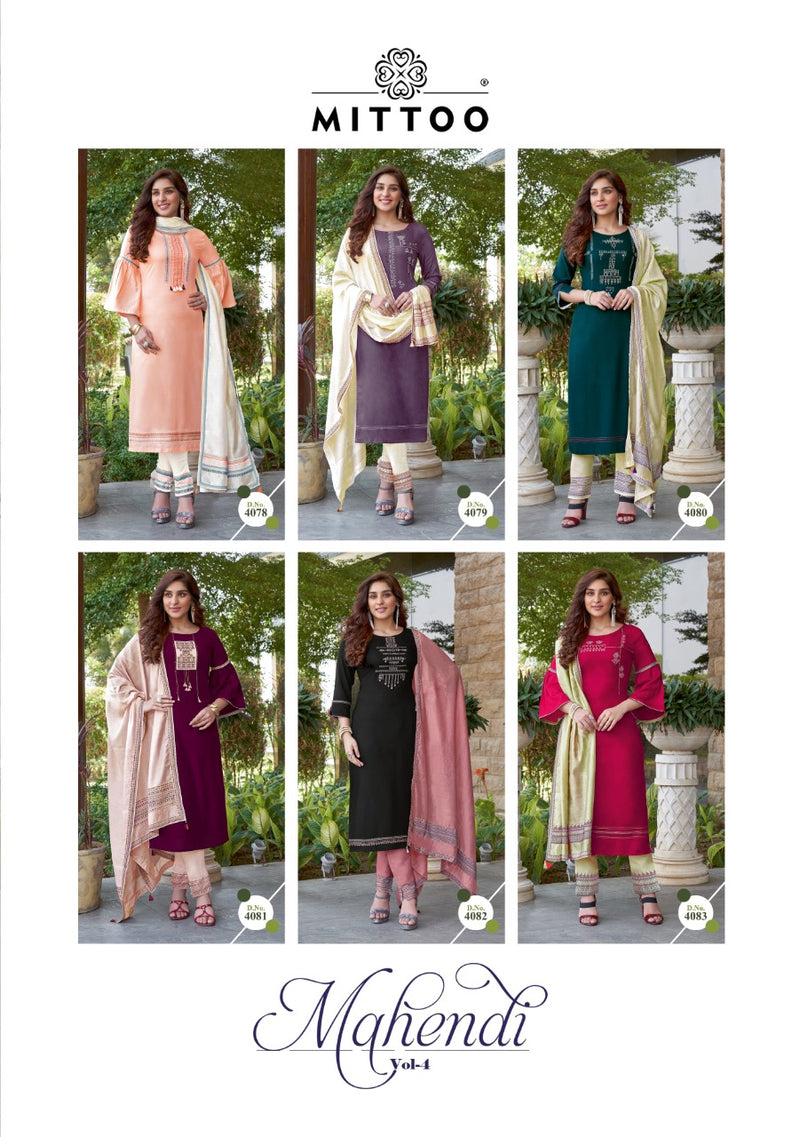 Mittoo Fashion Launch By Mahendi Vol 4 Rayon With Embroidery Work Fancy Work Readymade Kurtis