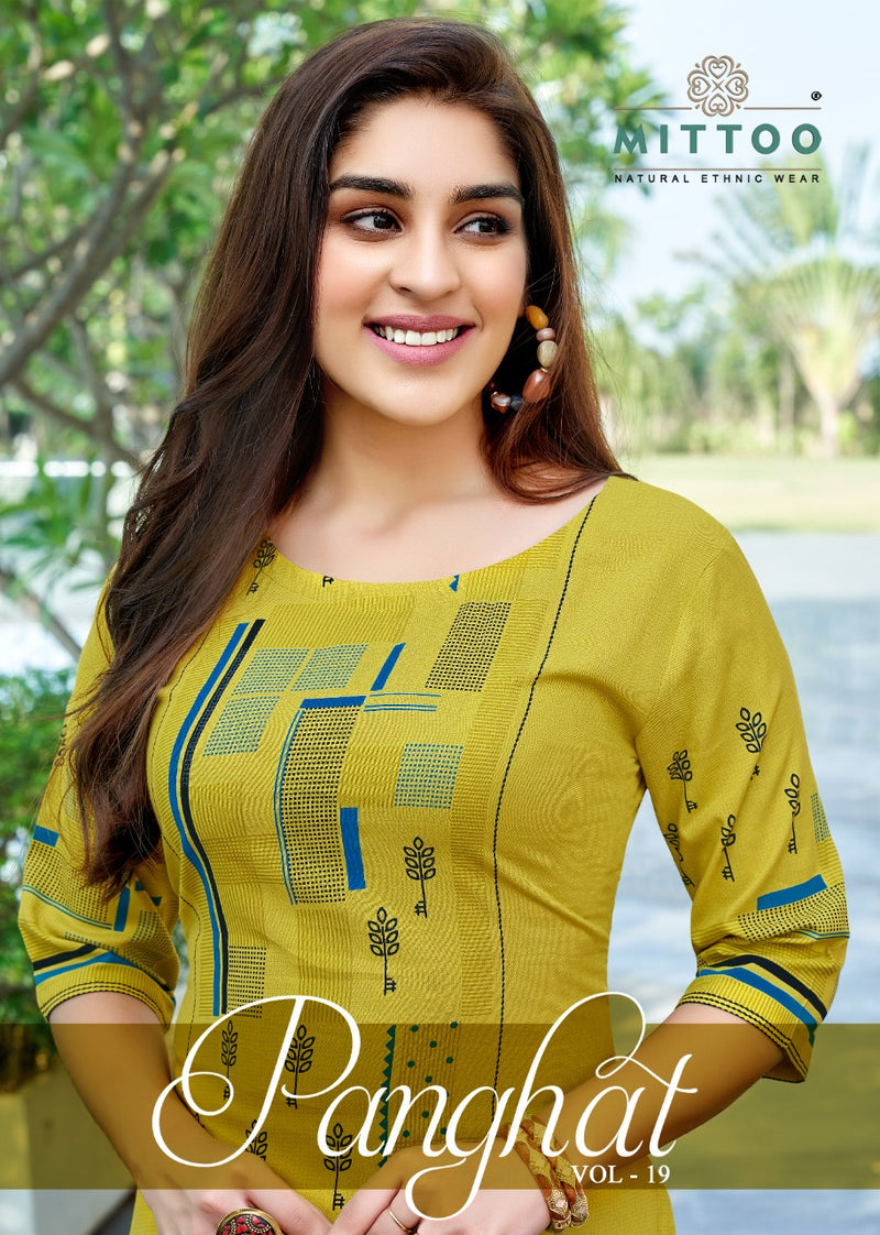 Mittoo Fashion Launch By Panghat Vol 19 Rayon Print With Exclusive Work Readymade Long Casual Wear Kurtis