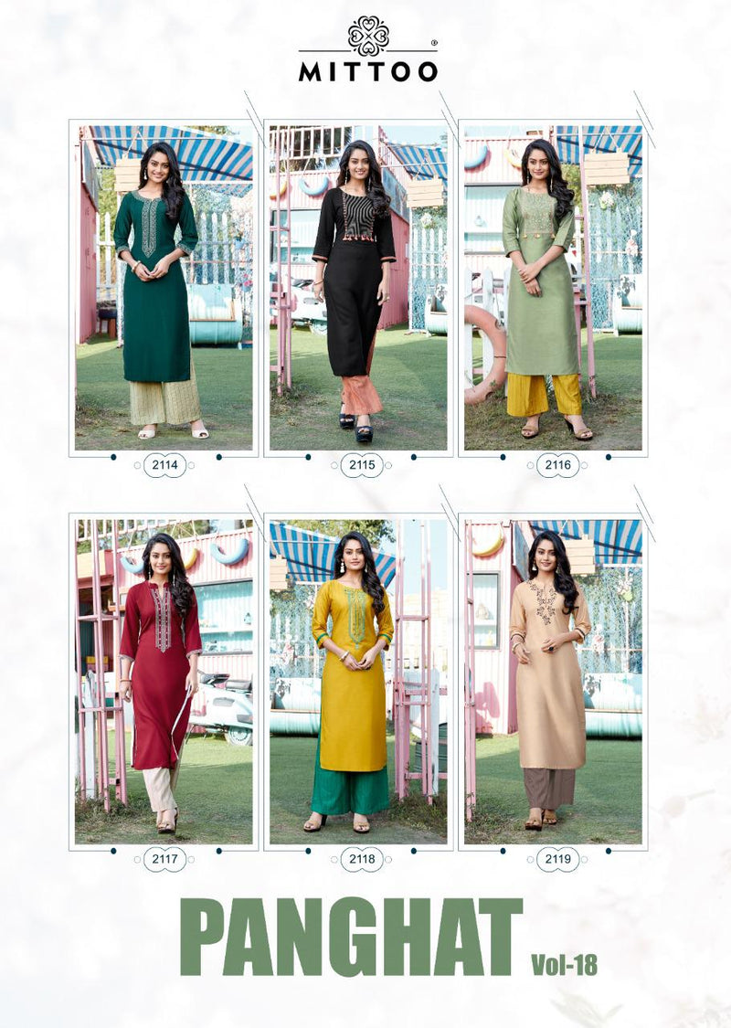 Mittoo Fashion Launch Panghat Vol 18 Banarsi Viscose Embroidery Handwork Regular Wear Readymade Kurtis