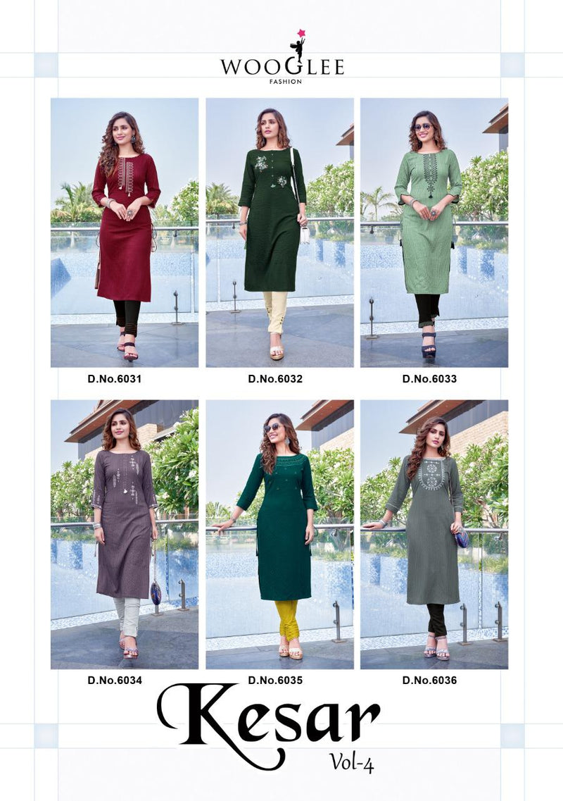 Mittoo Wooglee Fashion Kesar Vol 4 Rayon With Embroidery Work Exclusive Fancy Long Straight  Kurtis