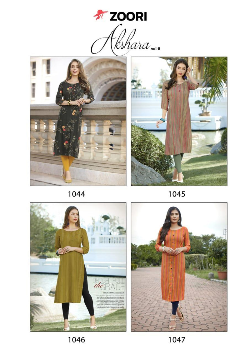 Mittoo Zoori Fashion Akshara Vol 8 Rayon Print Formal Wear Fancy Beautiful Straight Kurtis