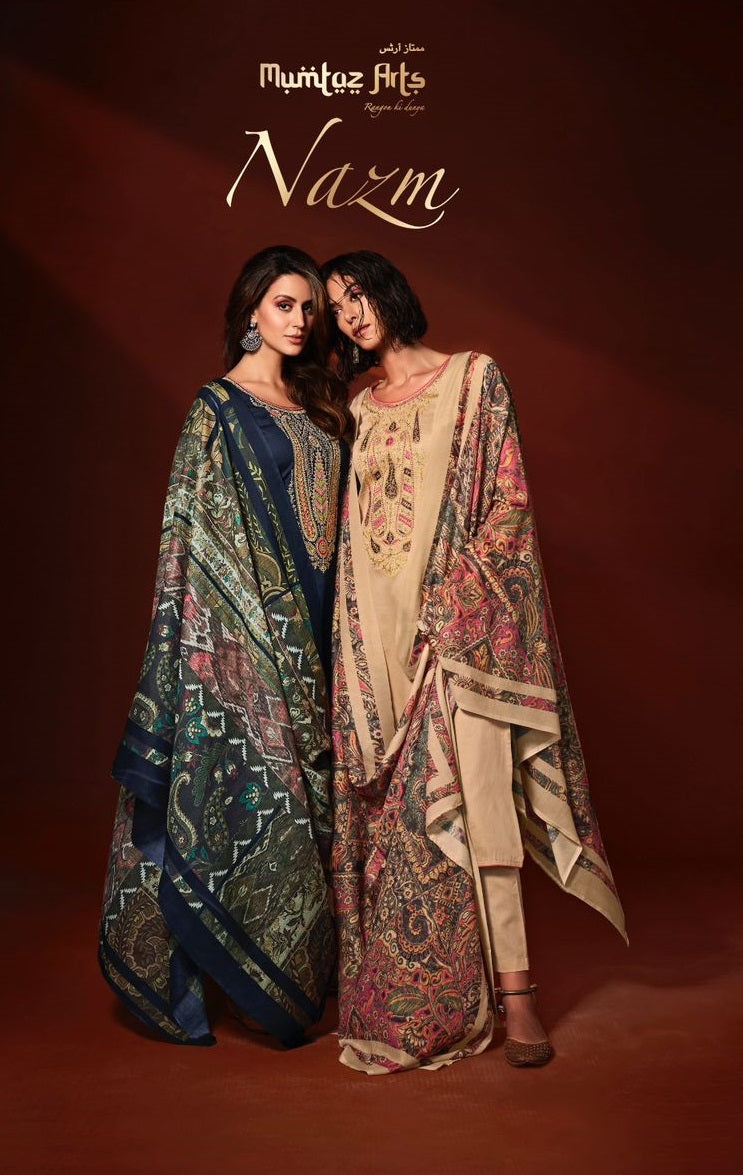 Mumtaz Arts Nazm Pure Viscose Jam Satin Embroidered Casual Wear Salwar Suit