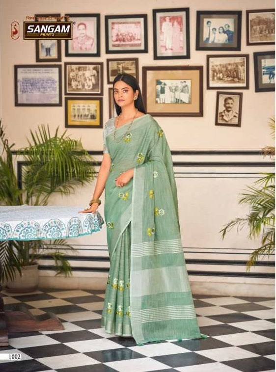 Sangam Prints Nagma Linen Beautiful  Festive Wear Sarees With Embroidery Work