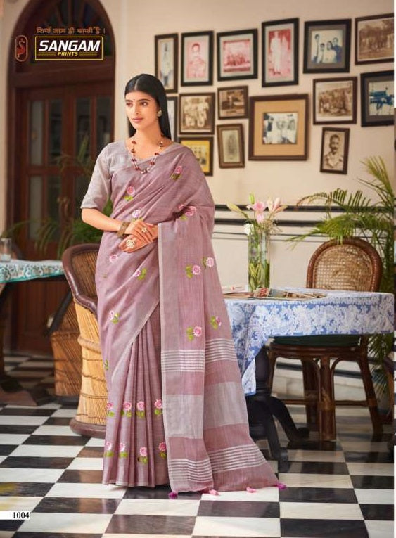 Sangam Prints Nagma Linen Beautiful  Festive Wear Sarees With Embroidery Work